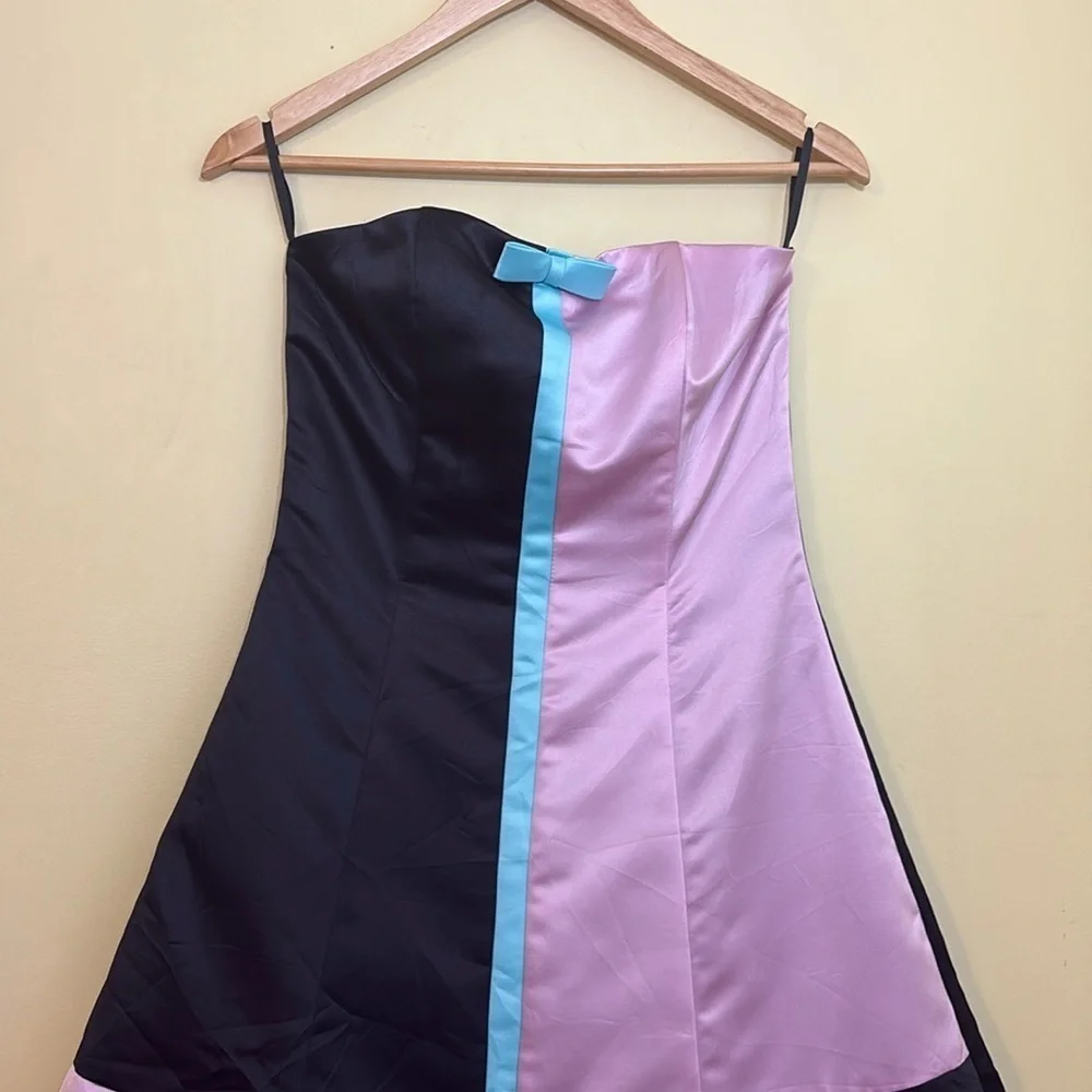 Gunne Sax Vintage Colorblock Black Pink Blue Strapless Alice In Wonderland Dress